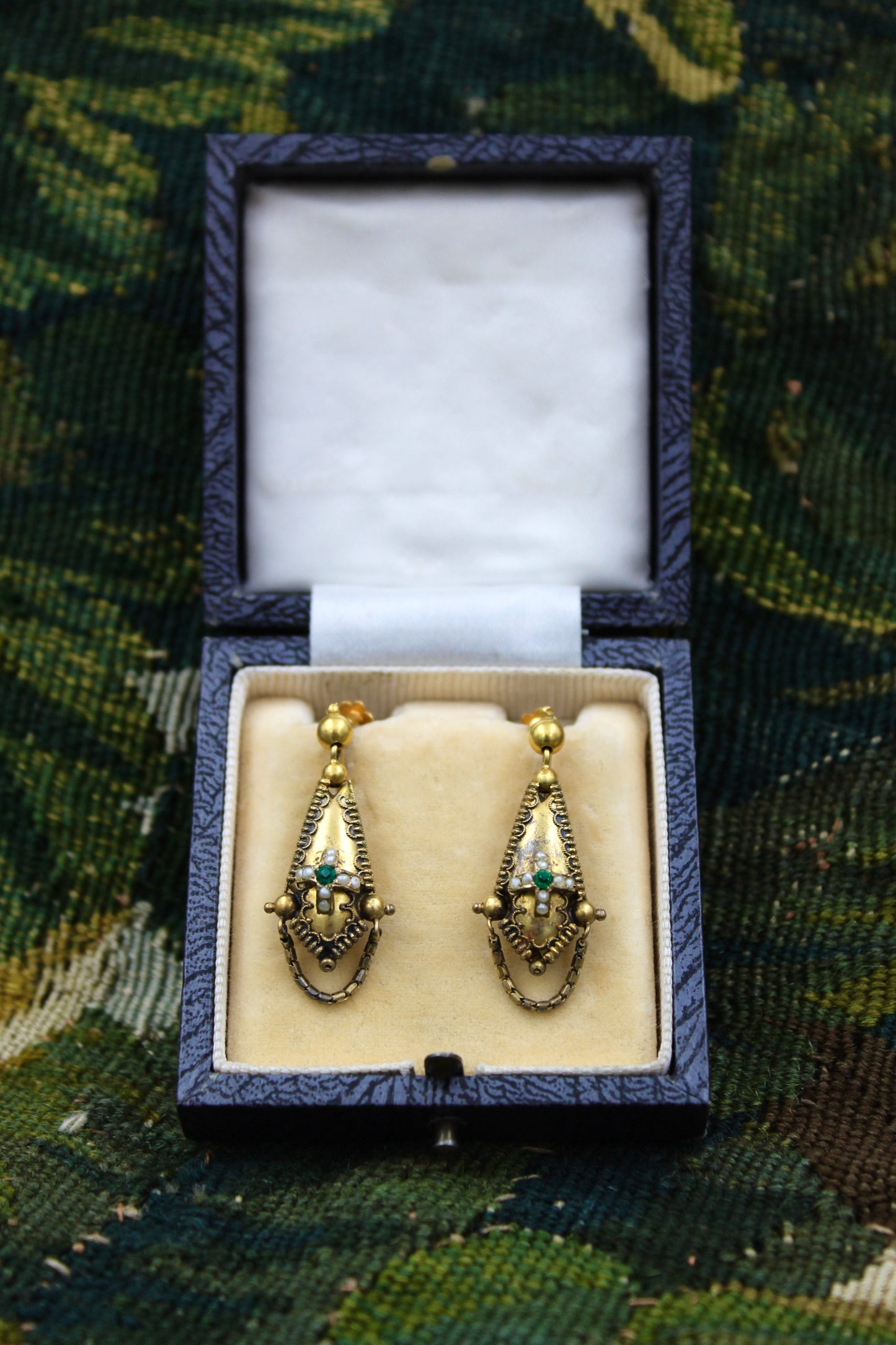 A fine pair of 15 ct. Yellow Gold (tested), Torpedo style Emerald & Seed Pearl Earrings.  Circa 1860 - Robin Haydock Antiques