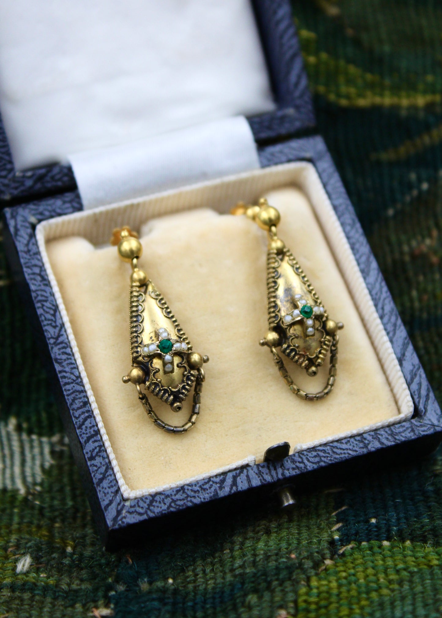 A fine pair of 15 ct. Yellow Gold (tested), Torpedo style Emerald & Seed Pearl Earrings.  Circa 1860 - Robin Haydock Antiques
