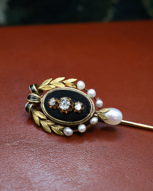 An Extremely Beautiful Antique High Carat Yellow Gold (tested - worn marks) Stick Pin set with Diamonds, Natural Pearls, Black Enamel and Black Onyx. Circa 1880 - Robin Haydock Antique Jewellery