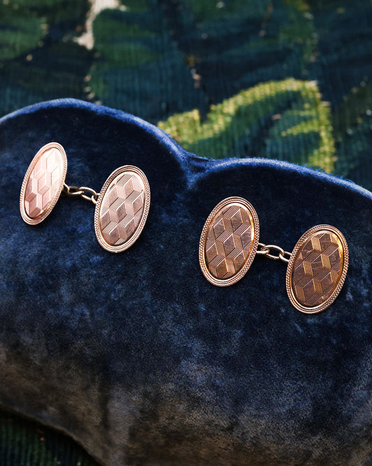 A fine pair of Antique 9 carat Yellow Gold Oval Cuff Links with an engine turned Art Deco design. English Circa 1929 - Robin Haydock Antique Jewellery