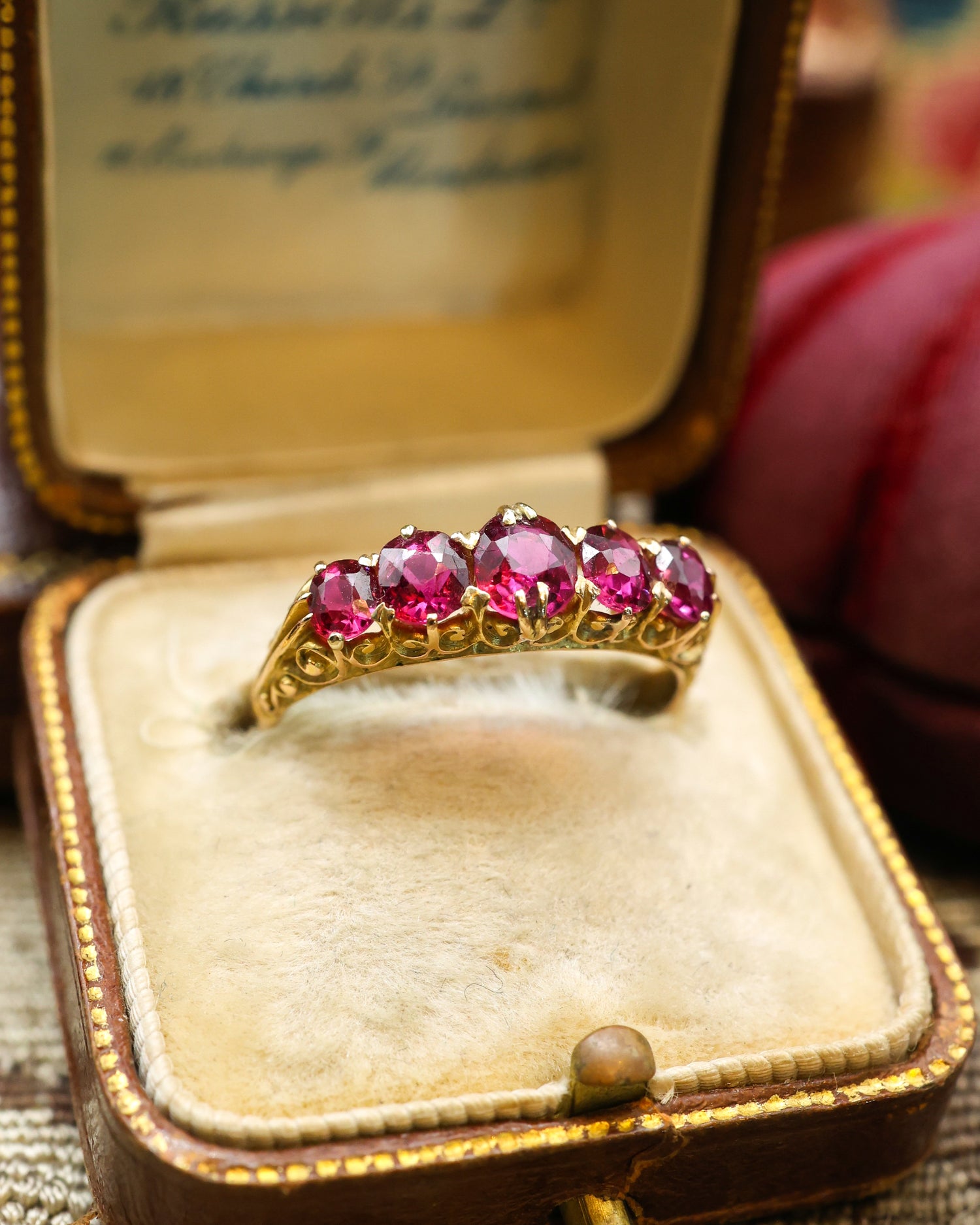 18ct Yellow Gold Victorian Certificated Natural Burmese Ruby Five Stone Ring Circa 1880 - Robin Haydock Antique Jewellery