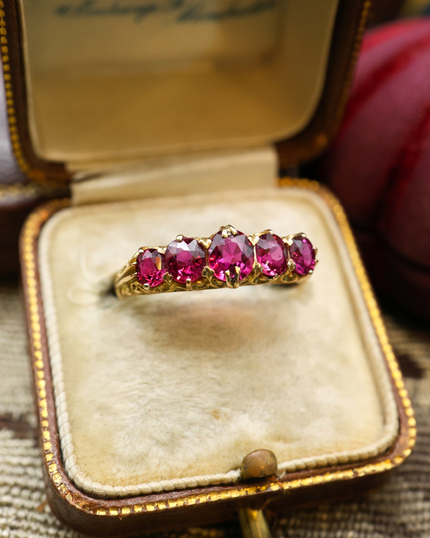 18ct Yellow Gold Victorian Certificated Natural Burmese Ruby Five Stone Ring Circa 1880 - Robin Haydock Antique Jewellery