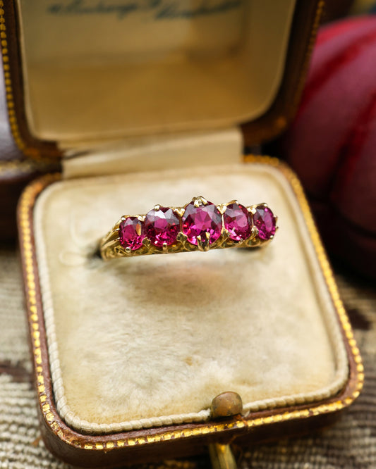 18ct Yellow Gold Victorian Certificated Natural Burmese Ruby Five Stone Ring Circa 1880 - Robin Haydock Antique Jewellery