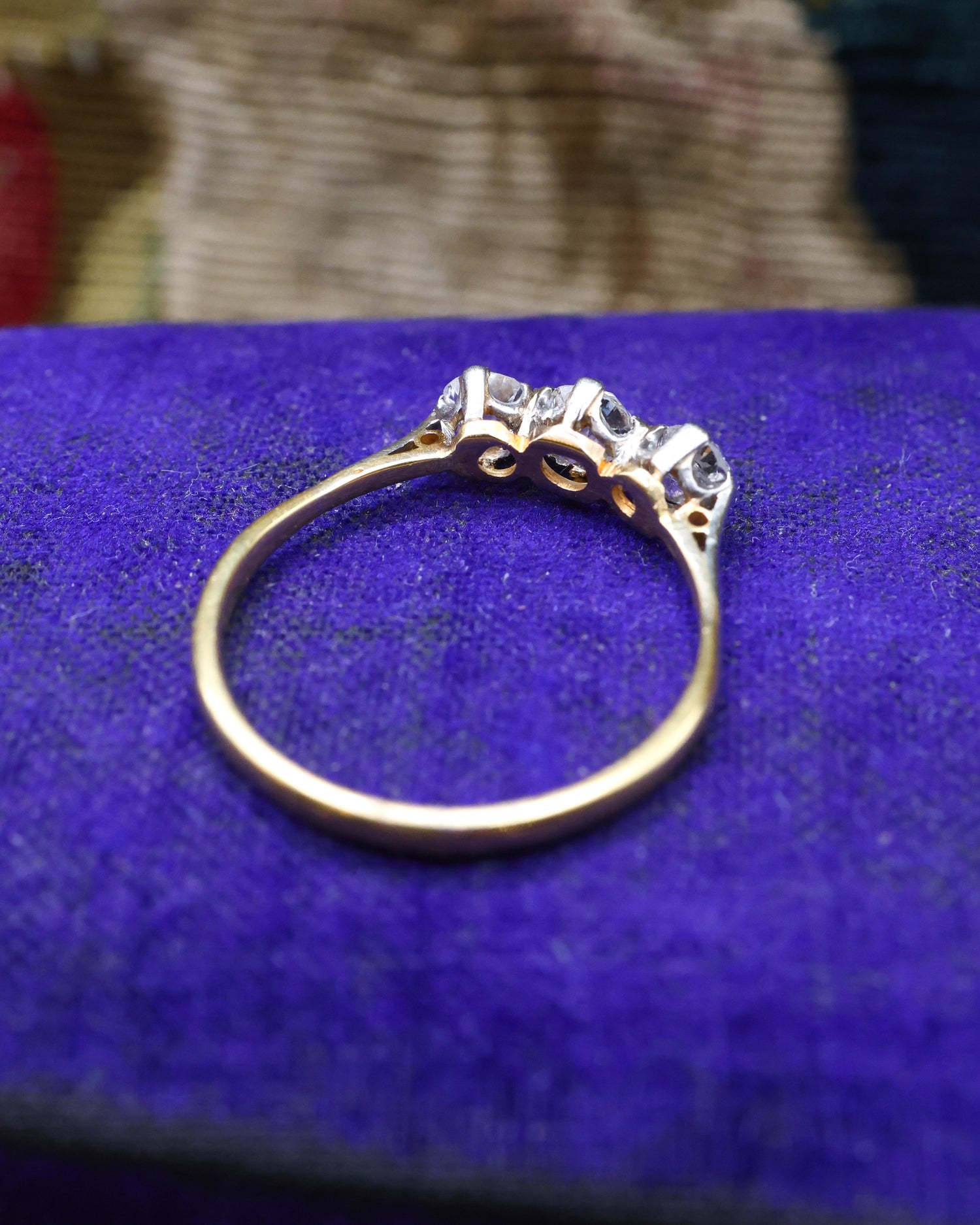 A fine 18ct Yellow Gold (marked) Platinum tipped "Claw set", "Old Round Cut" three stone diamond ring. - Robin Haydock Antique Jewellery