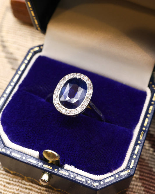18ct Yellow Gold & Platinum 3.5ct Natural Sapphire & Diamond Cluster Ring Circa 1910/1920 - Robin Haydock Antique Jewellery