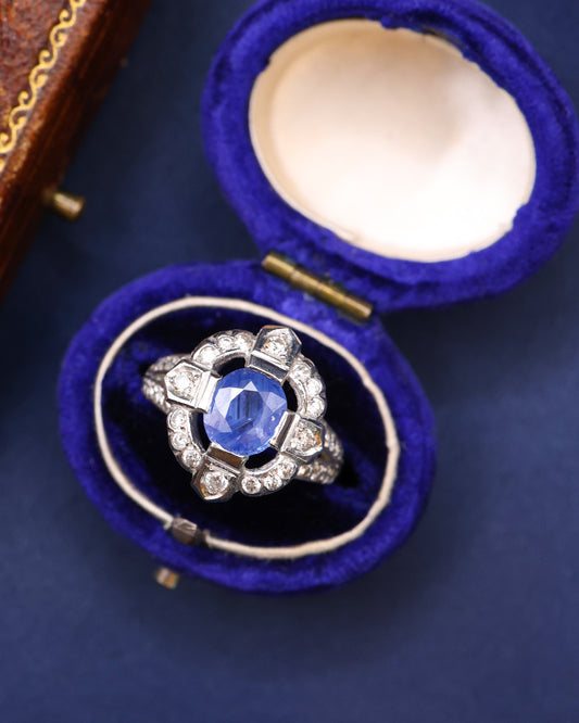 Platinum Sapphire and Diamond French Cluster Quatrefoil Ring Circa 1950's - Robin Haydock Antique Jewellery