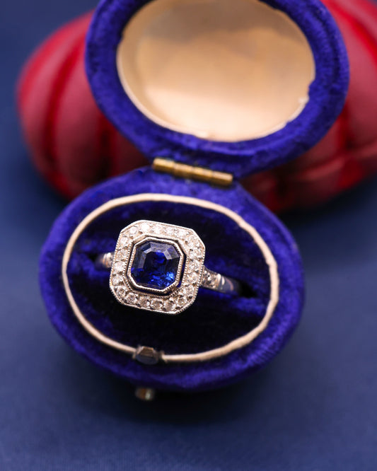 A fine Platinum (tested), Cushion Cut Deep Blue Sapphire & Diamond Floating Style Cluster Ring Pre-owned - Robin Haydock Antique Jewellery