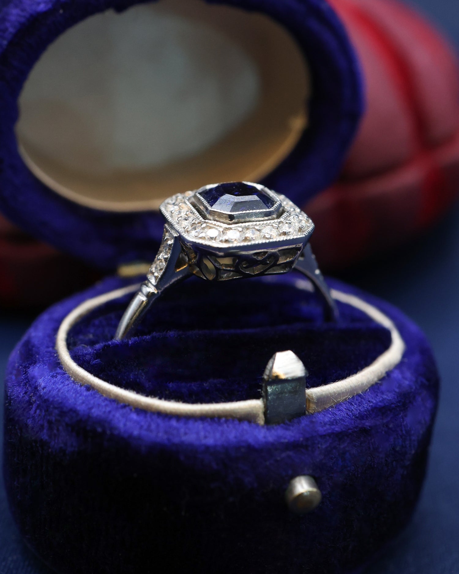 A fine Platinum (tested), Cushion Cut Deep Blue Sapphire & Diamond Floating Style Cluster Ring Pre-owned - Robin Haydock Antique Jewellery