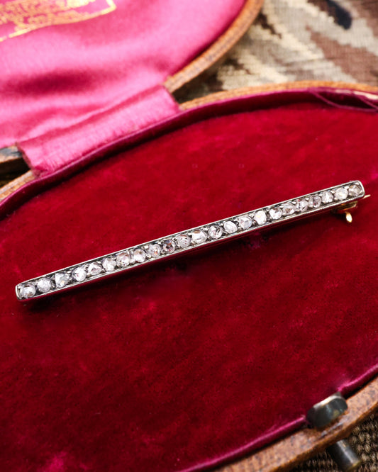 High Carat Yellow Gold and Silver Diamond Bar Brooch, English circa 1900 - Robin Haydock Antique Jewellery