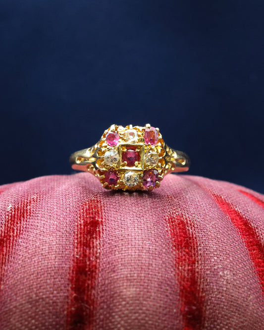 A very fine 18ct Yellow Gold Ruby & Diamond, Chequer Board Ring, Birmingham Hallmarks 1908