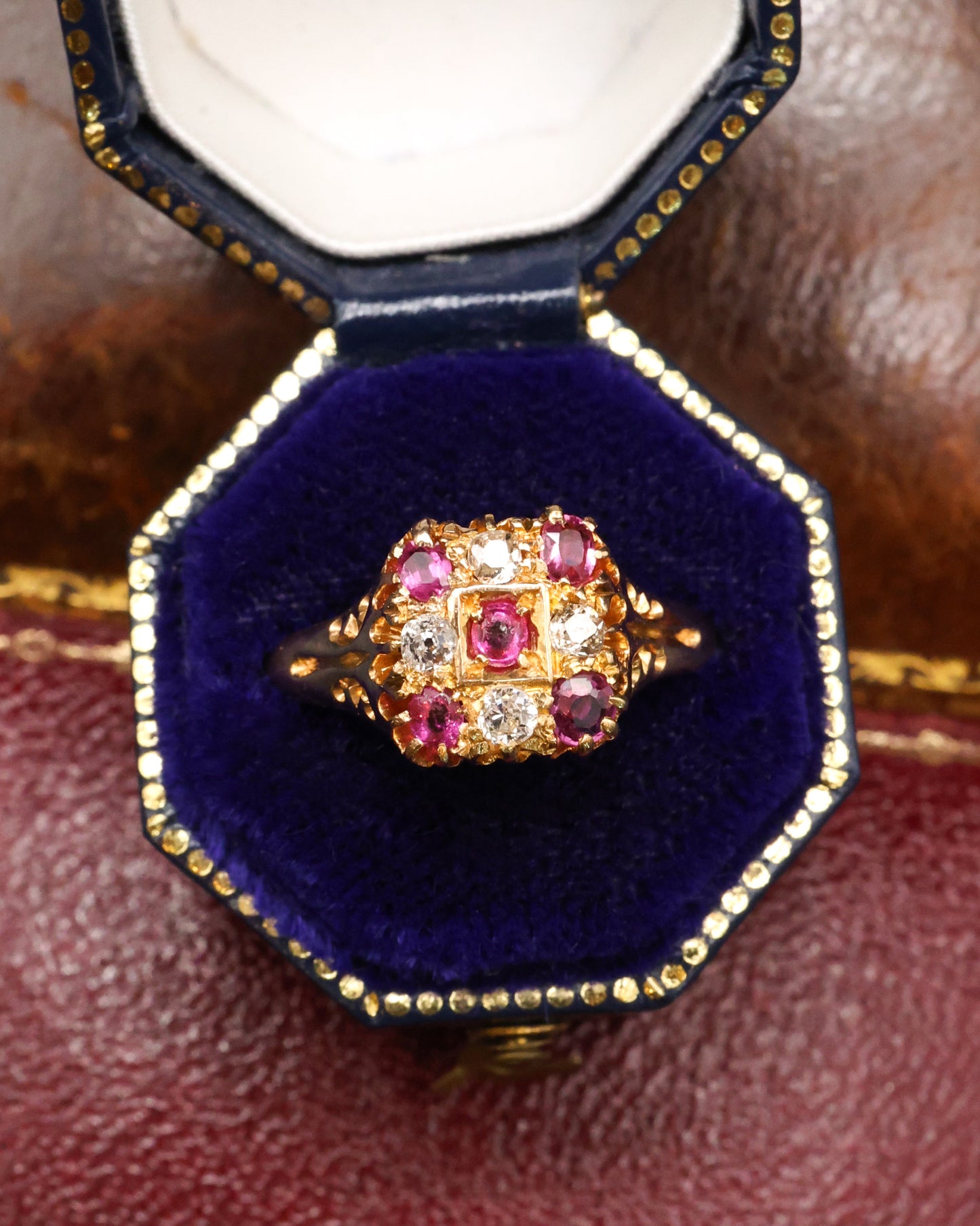 A very fine 18ct Yellow Gold Ruby & Diamond, Chequer Board Ring, Birmingham Hallmarks 1908