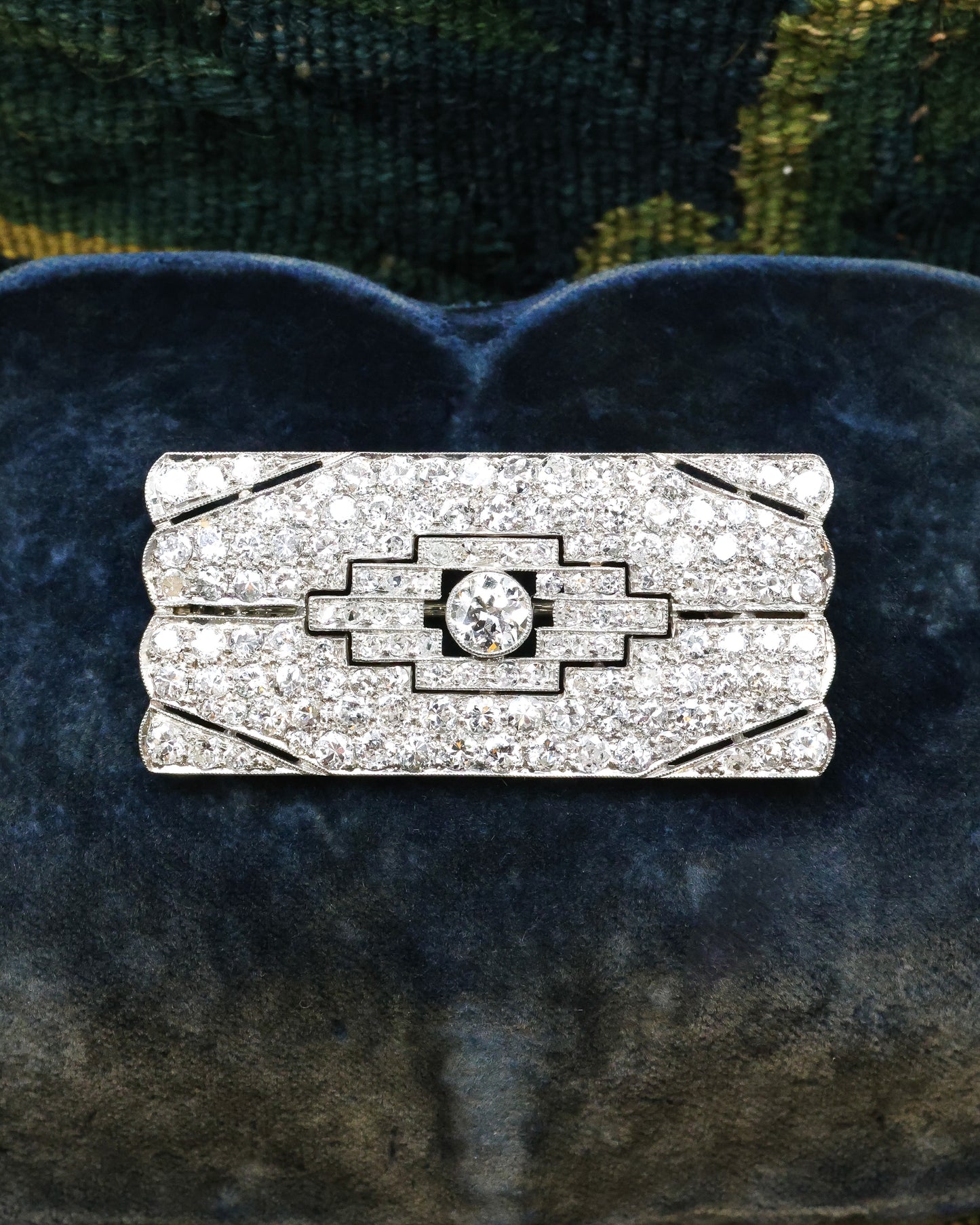 A very fine, Art Deco, Platinum & 15ct White Gold (tested), 4.55 Carat Diamond Plaque Brooch with open strap work.