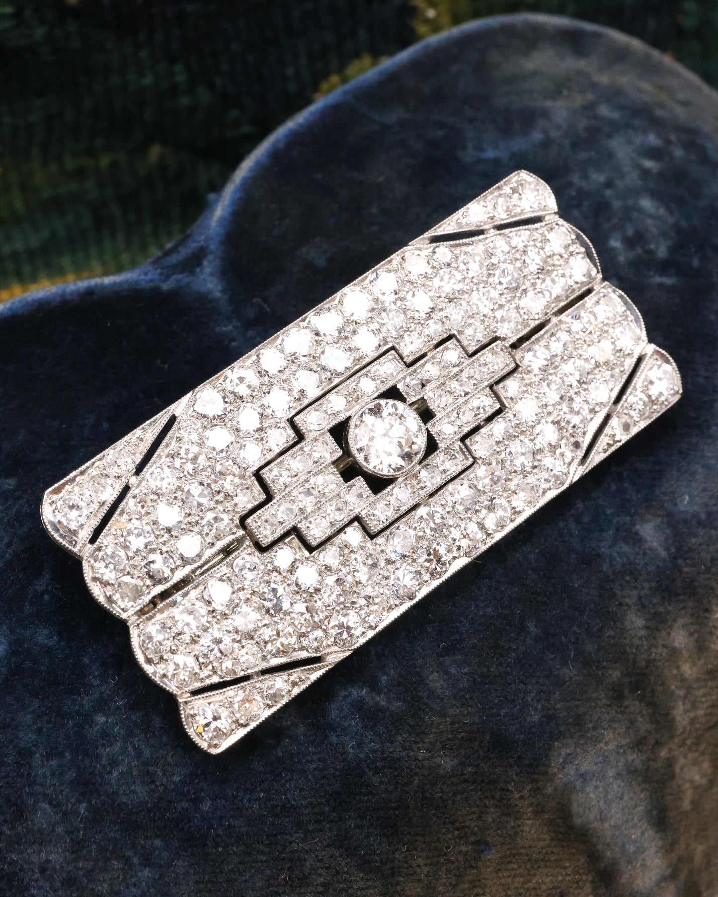 A very fine, Art Deco, Platinum & 15ct White Gold (tested), 4.55 Carat Diamond Plaque Brooch with open strap work.