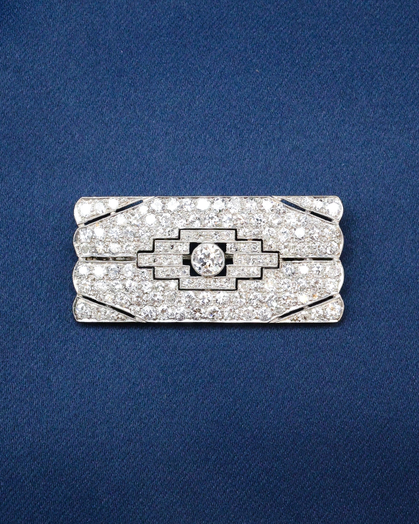 A very fine, Art Deco, Platinum & 15ct White Gold (tested), 4.55 Carat Diamond Plaque Brooch with open strap work.