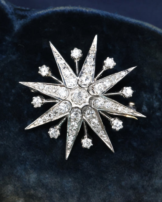 A fine Victorian Diamond Starburst Brooch, in 15ct Gold (silver tipped), with later Rhodium plating. Circa 1890.