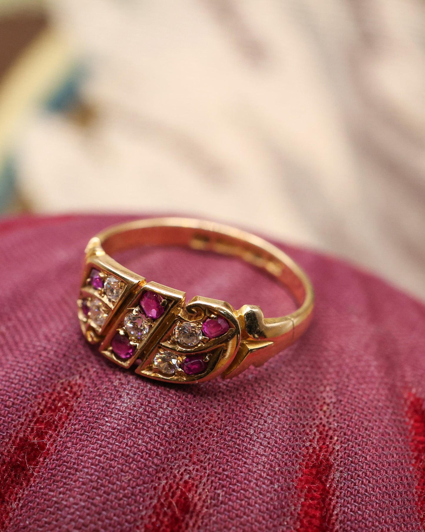 A fine example of a Chester Hallmarked 18ct Yellow Gold, Victorian Ring set with Five Old Cut Diamonds and Six Rubies. .  English  Circa 1899