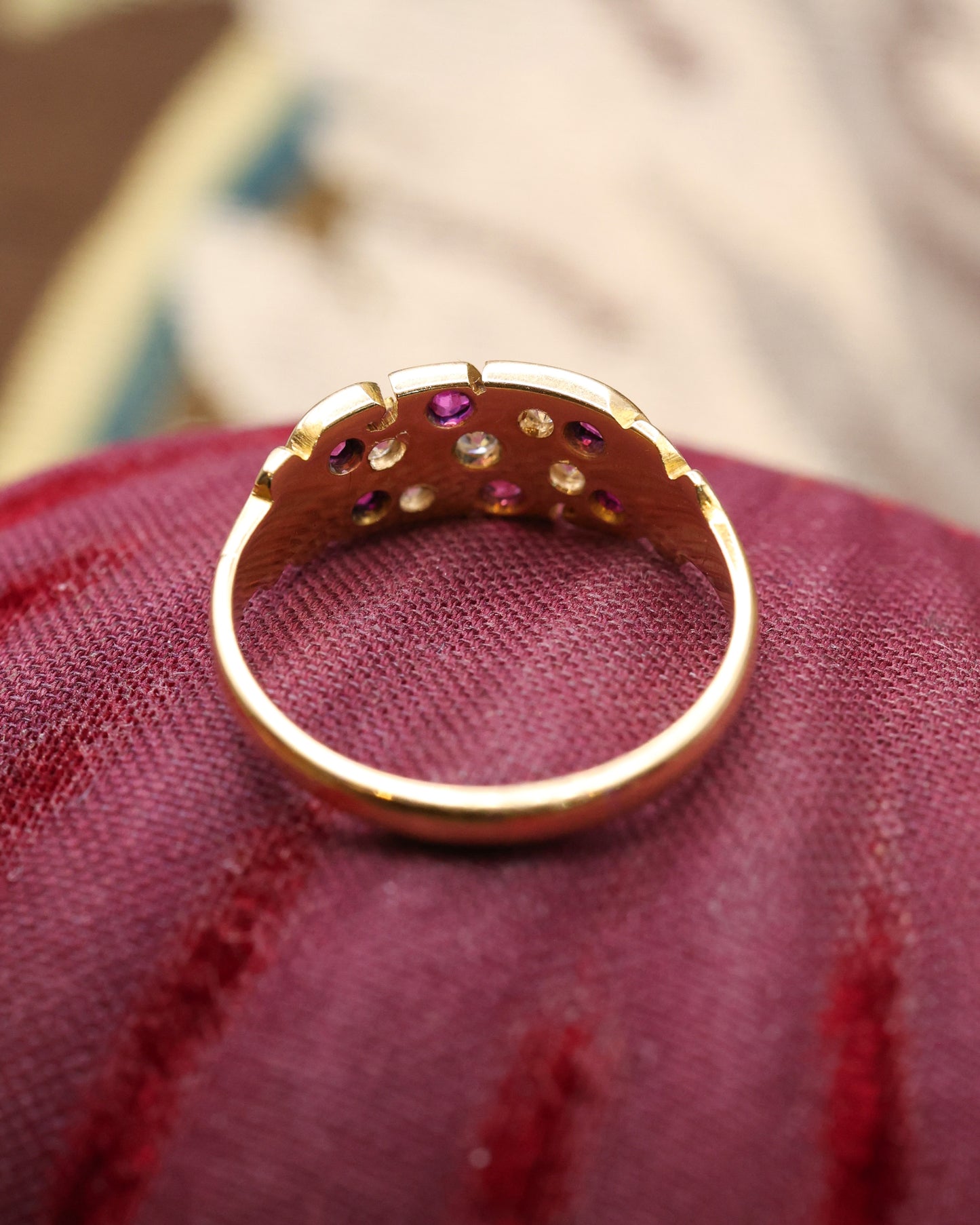 A fine example of a Chester Hallmarked 18ct Yellow Gold, Victorian Ring set with Five Old Cut Diamonds and Six Rubies. .  English  Circa 1899