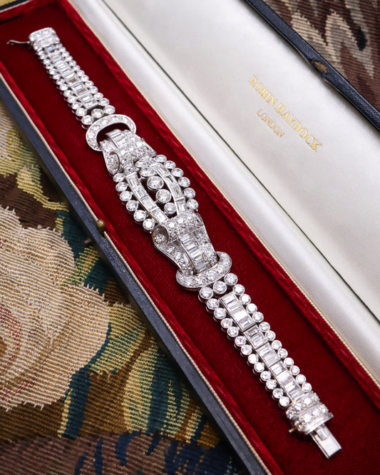 An exceptional example of an Architectural 18ct White Gold (tested), late Art Deco, 27 Carat Diamond Bracelet. Circa Late 1940's.