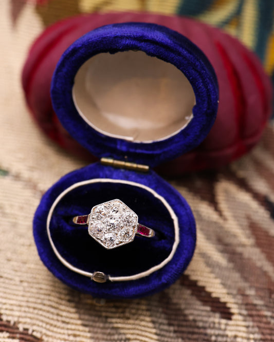 Platinum & 18ct Yellow Gold Diamond & Ruby Hexagon cluster ring, English Circa 1920 - Robin Haydock Antique Jewellery