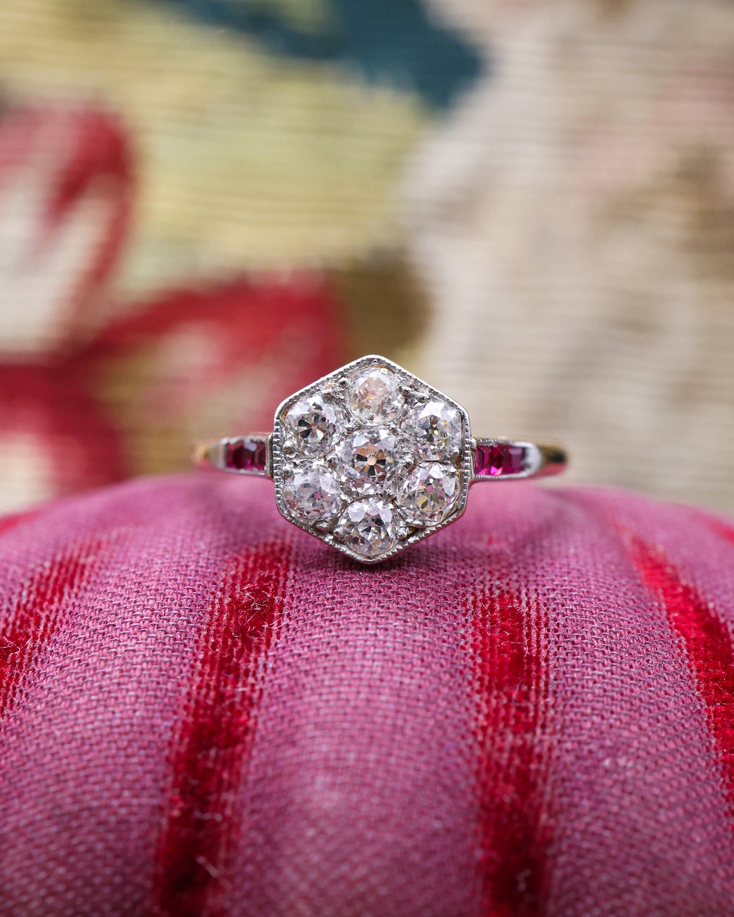 Platinum & 18ct Yellow Gold Diamond & Ruby Hexagon cluster ring, English Circa 1920 - Robin Haydock Antique Jewellery