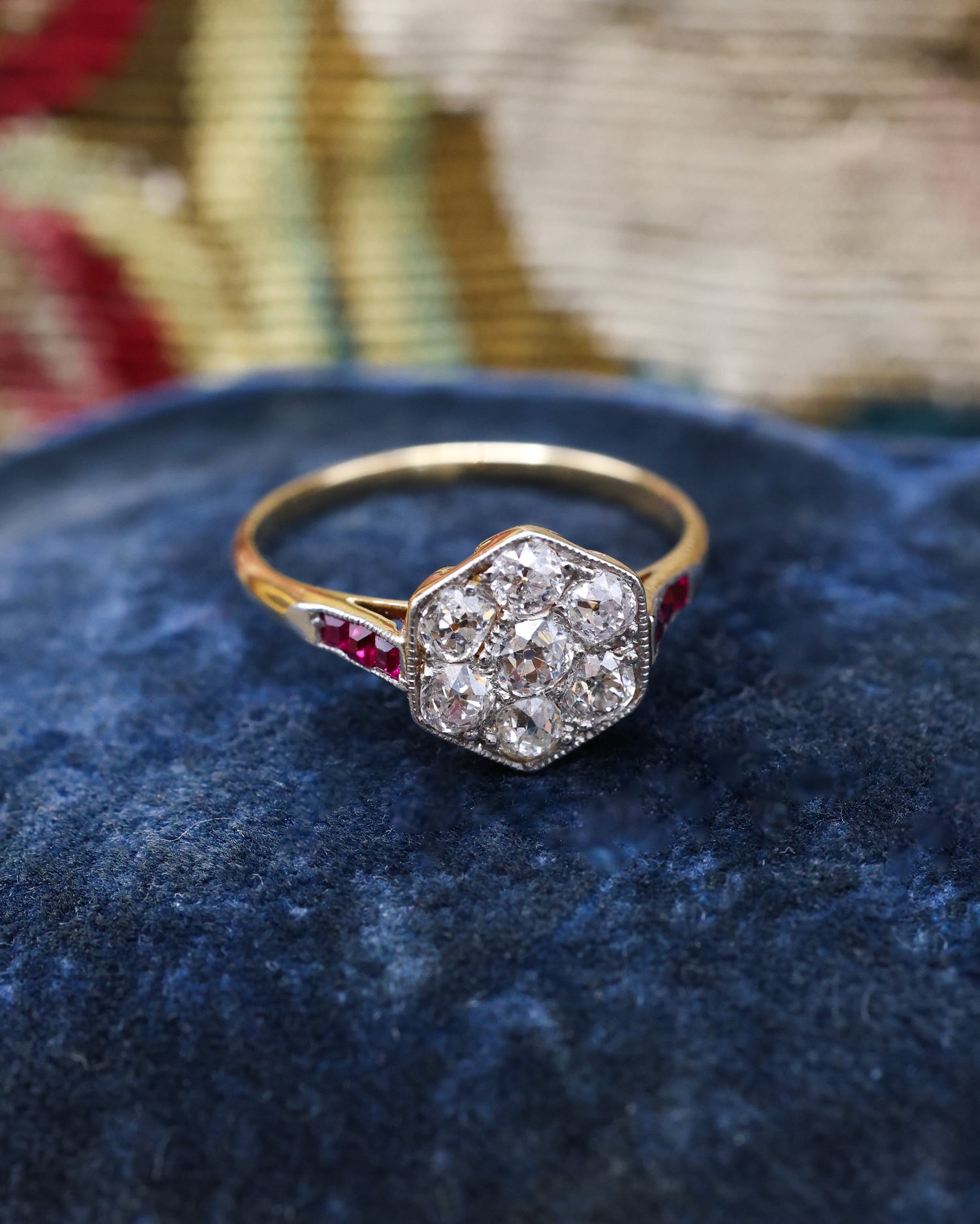 Platinum & 18ct Yellow Gold Diamond & Ruby Hexagon cluster ring, English Circa 1920 - Robin Haydock Antique Jewellery