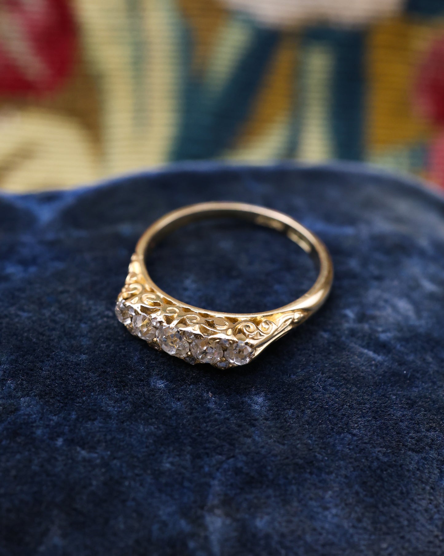 A very fine 18ct. Yellow Gold (stamped), elaborately carved five stone Diamond Ring. English. Circa 1890 - Robin Haydock Antique Jewellery