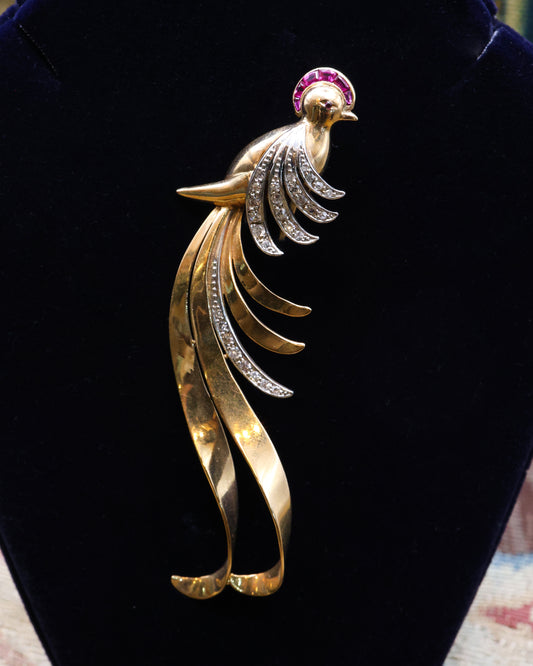 18ct Yellow & White Gold Bird Of Paradise Ruby & Diamond Brooch - Robin Haydock Antique Jewellery