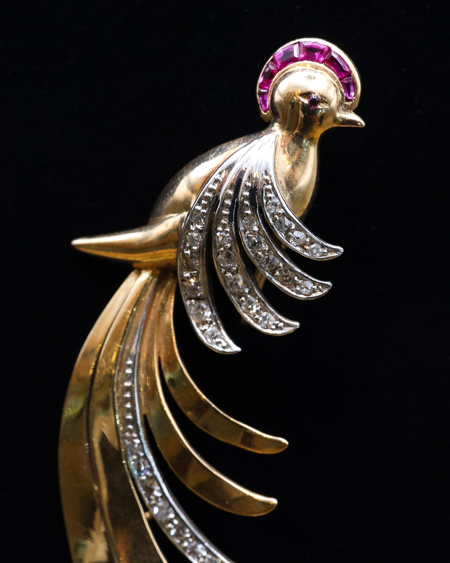 18ct Yellow & White Gold Bird Of Paradise Ruby & Diamond Brooch - Robin Haydock Antique Jewellery