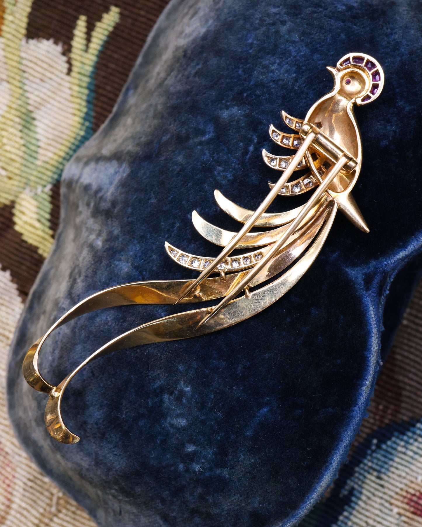 18ct Yellow & White Gold Bird Of Paradise Ruby & Diamond Brooch - Robin Haydock Antique Jewellery