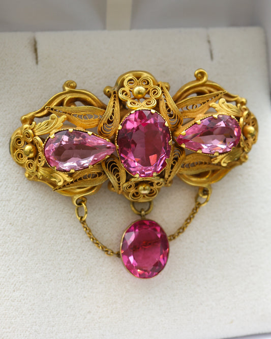 A very beautifully Gilded "Trefoil" style Brooch in the Cannetille style with Pendant Drop and four Pink Paste stones. English Circa Circa 1830 - Robin Haydock Antique Jewellery