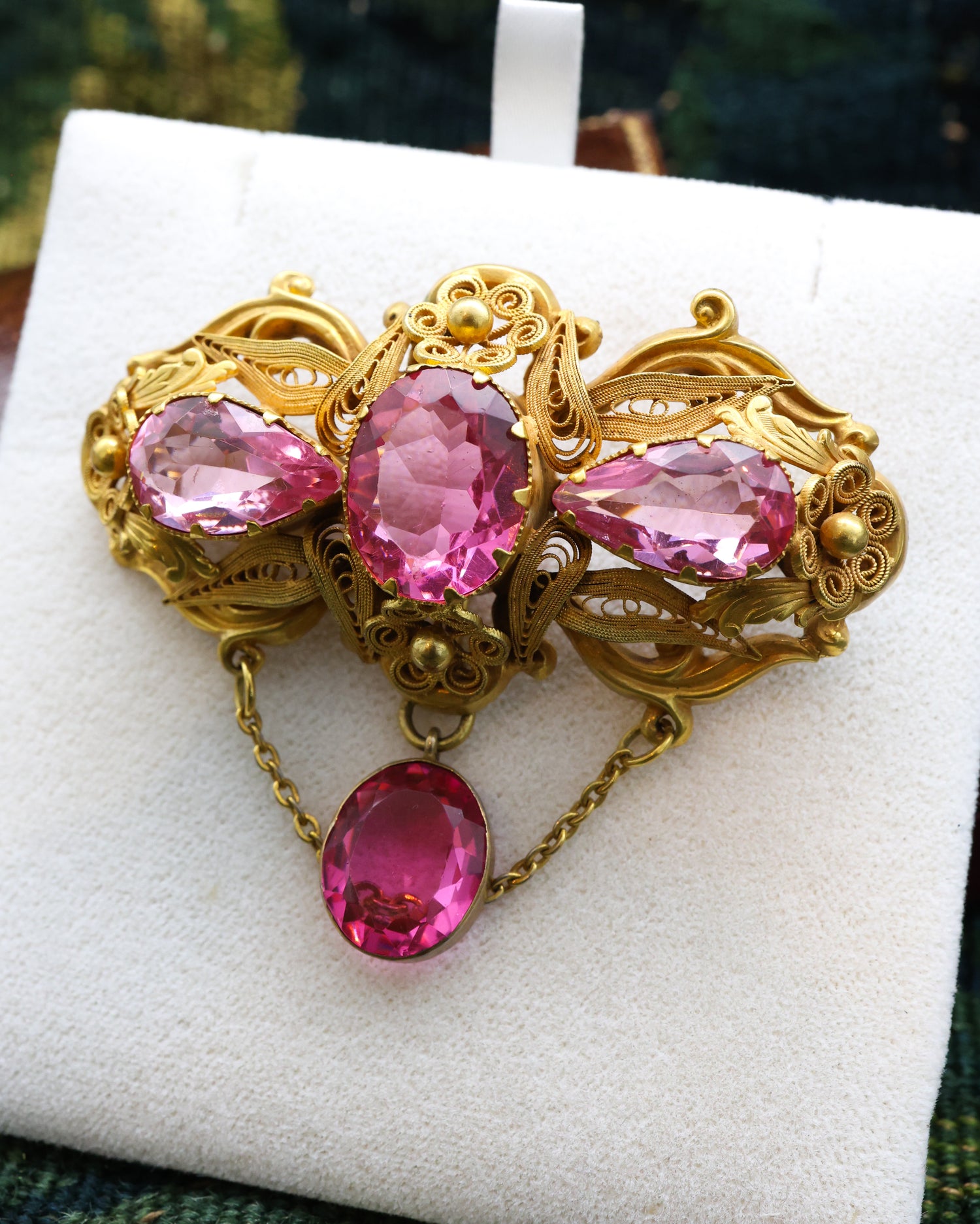 A very beautifully  Gilded "Trefoil" style Brooch in the Cannetille style with Pendant Drop and four Pink Paste stones. English Circa Circa 1830 - Robin Haydock Antique Jewellery