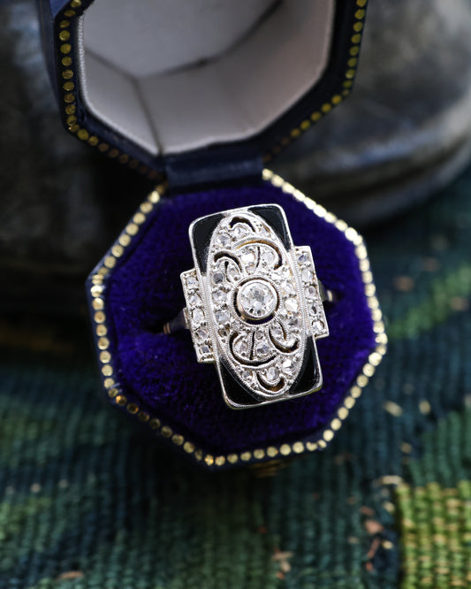 18ct Yellow Gold & Platinum Diamond and Black Onyx Plaque Ring Circa 1930 - Robin Haydock Antique Jewellery