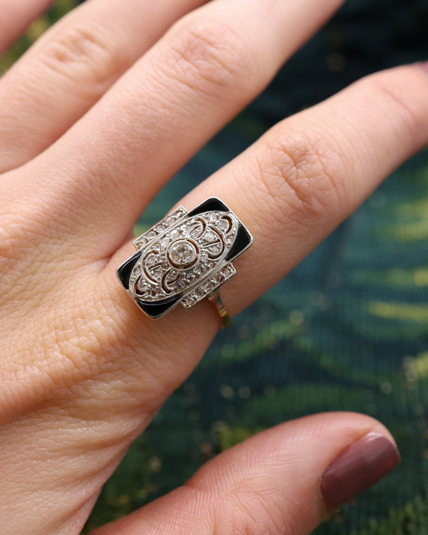 18ct Yellow Gold & Platinum Diamond and Black Onyx Plaque Ring Circa 1930 - Robin Haydock Antique Jewellery