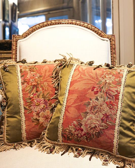 A pair of finely woven Beauvais Silk & Wool Hand-woven Antique Tapestry Panels. Presented as a pair of fine cushions. Mid -  Late 19th Century - Robin Haydock Antiques