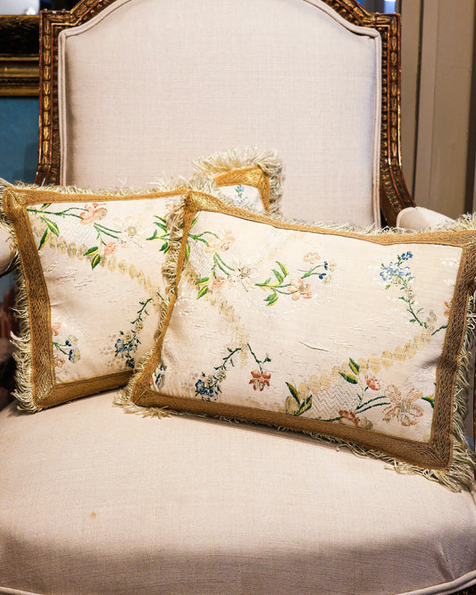 An extremely fine pair of French, Hand-Woven Silk Brocade panels with Silver Gilt Relief, presented as a pair of cushions. Panels Circa 1760.