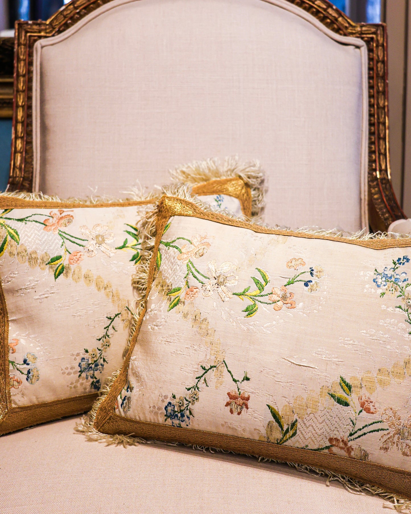 An extremely fine pair of French, Hand-Woven Silk Brocade panels with Silver Gilt Relief, presented as a pair of cushions. Panels Circa 1760.