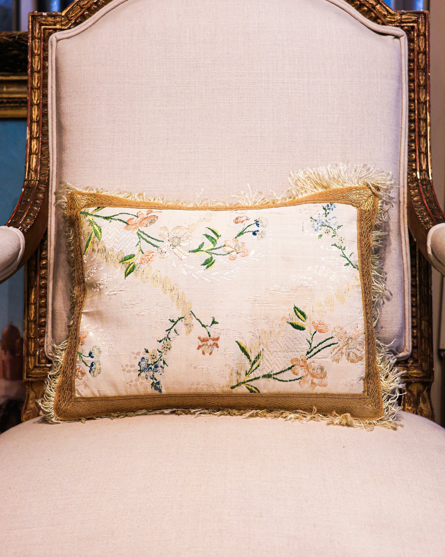 An extremely fine pair of French, Hand-Woven Silk Brocade panels with Silver Gilt Relief, presented as a pair of cushions. Panels Circa 1760.