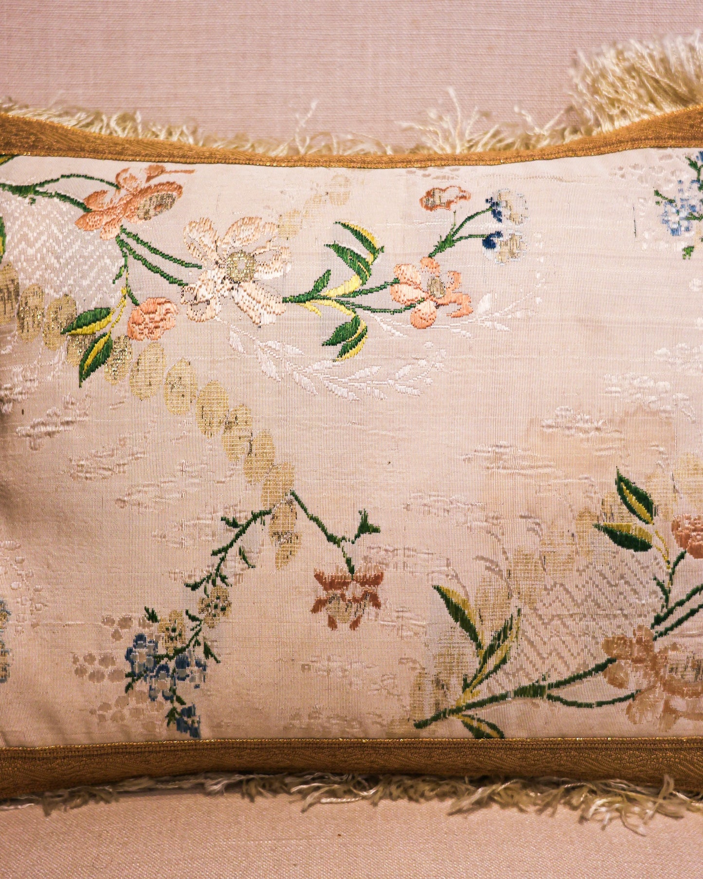 An extremely fine pair of French, Hand-Woven Silk Brocade panels with Silver Gilt Relief, presented as a pair of cushions. Panels Circa 1760.