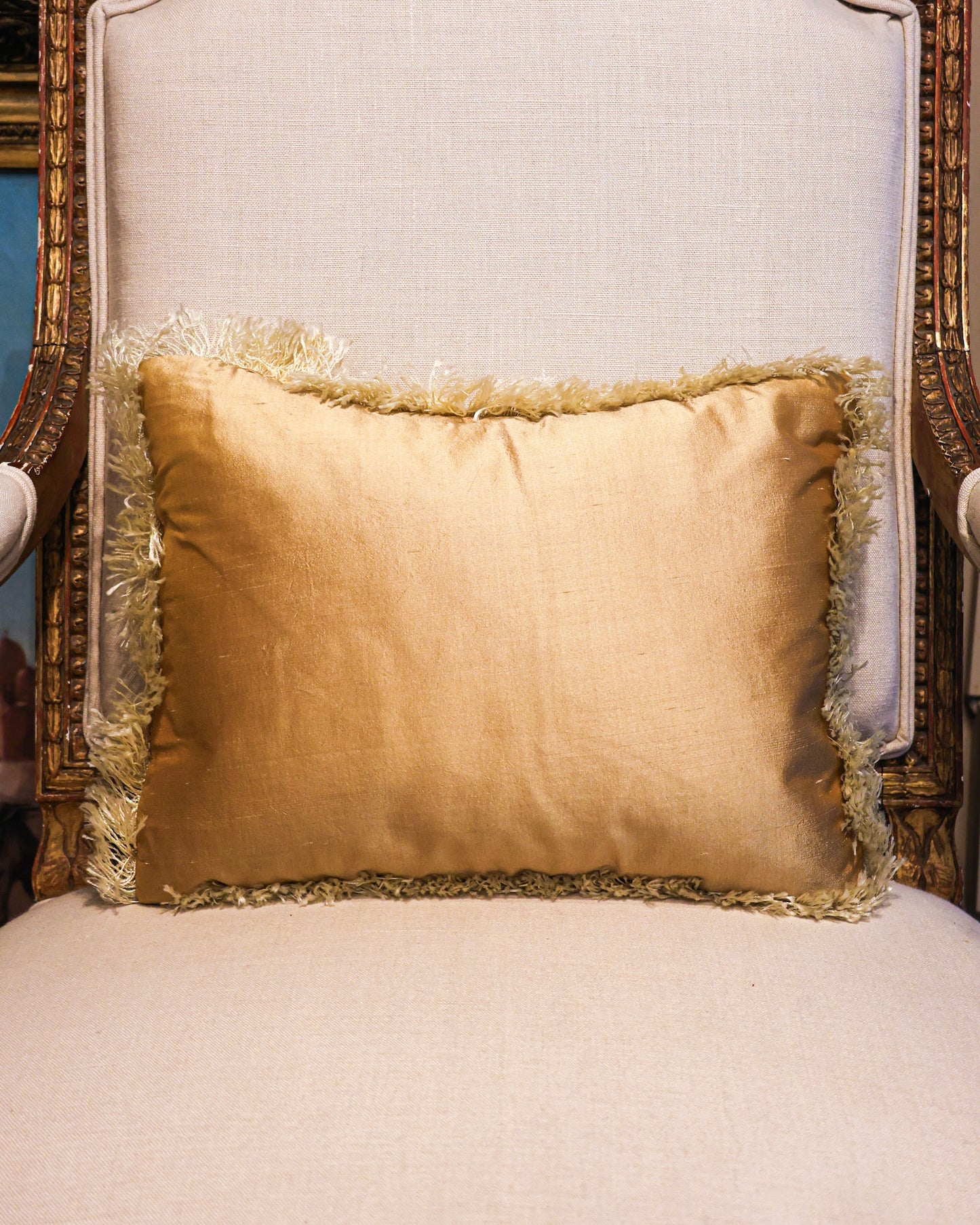 An extremely fine pair of French, Hand-Woven Silk Brocade panels with Silver Gilt Relief, presented as a pair of cushions. Panels Circa 1760.