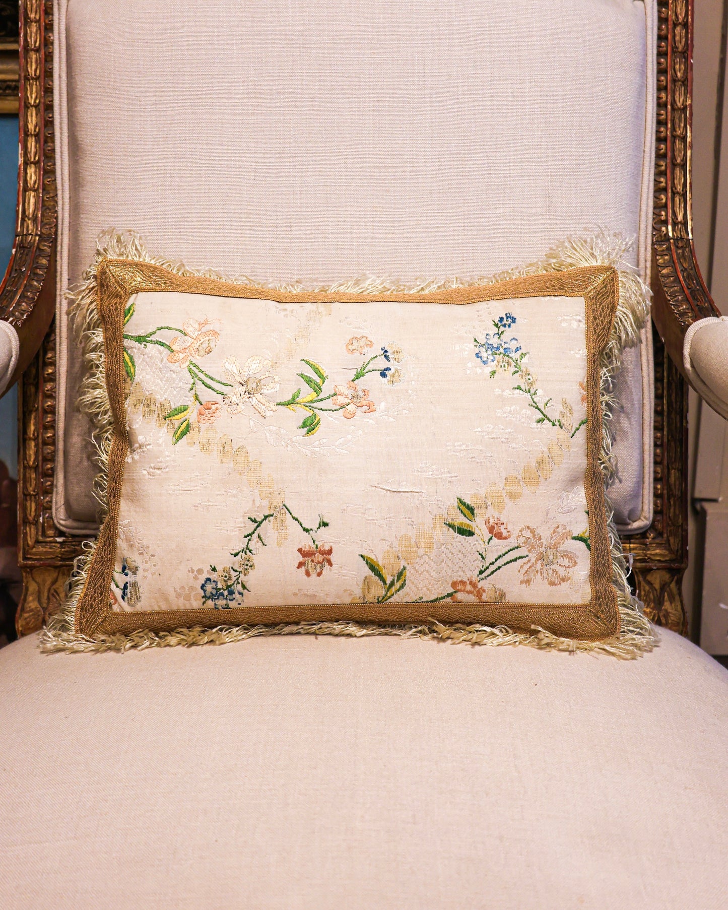 An extremely fine pair of French, Hand-Woven Silk Brocade panels with Silver Gilt Relief, presented as a pair of cushions. Panels Circa 1760.