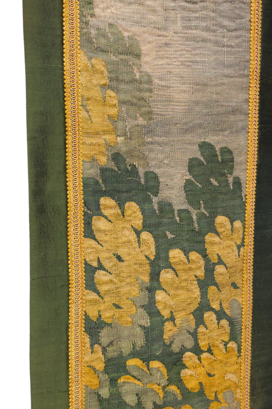 A fine panel of Late 18th Century Silk & Wool Aubusson Tapestry, mounted on later Dupion Silk with braided border. Panel French Circa 1760.