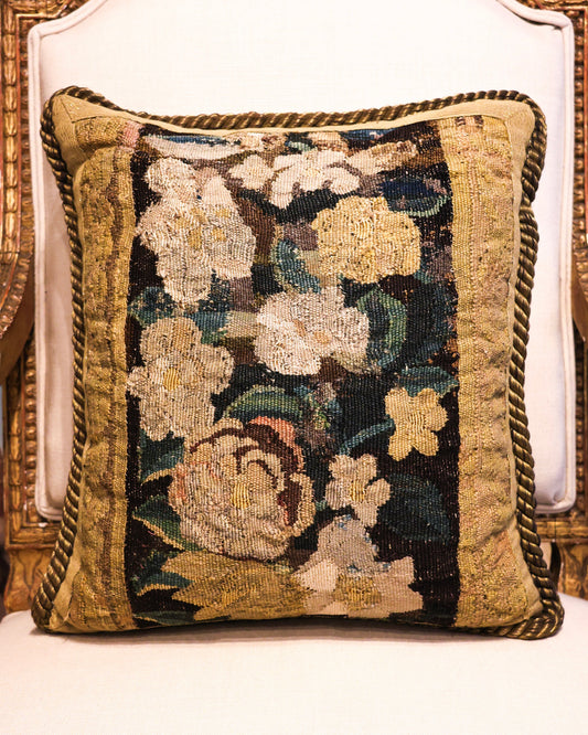 A panel of late 17th Century Hand-Woven Silk and Wool Tapestry, edged in Henry Newbury Gilt Braid and Vintage Gilt Rope Cord. Panel: Flemish. Circa 1660.