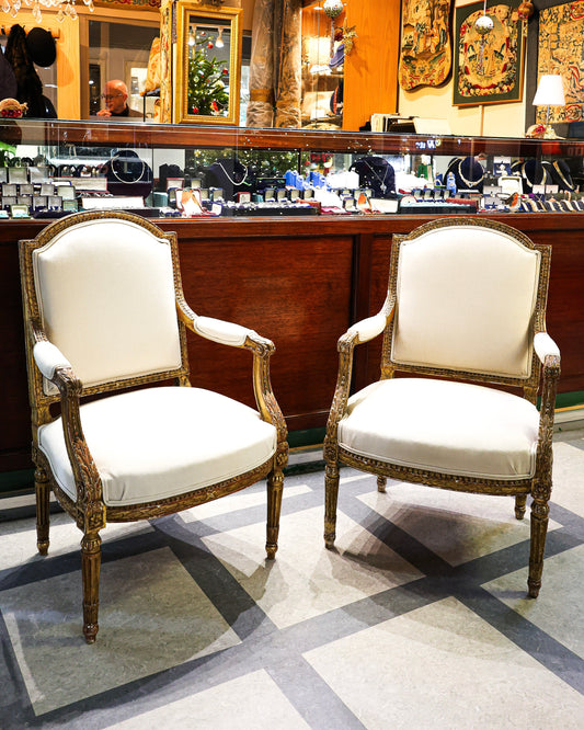 A handsome pair of late 19th century (Circa.1870), Antique carved giltwood fauteils in the style of Georges Jacob - Robin Haydock Antiques