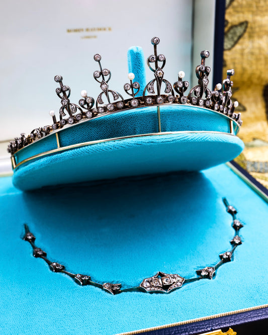 A very fine Diamond and Natural Pearl Tiara / Necklace, on Silver tipped 18 ct. Gold (marked), set throughout with 142 Old Mine Cut Diamonds and six Natural Pearls. Belle Époque,  French Circa 1890 - Robin Haydock Antique Jewellery