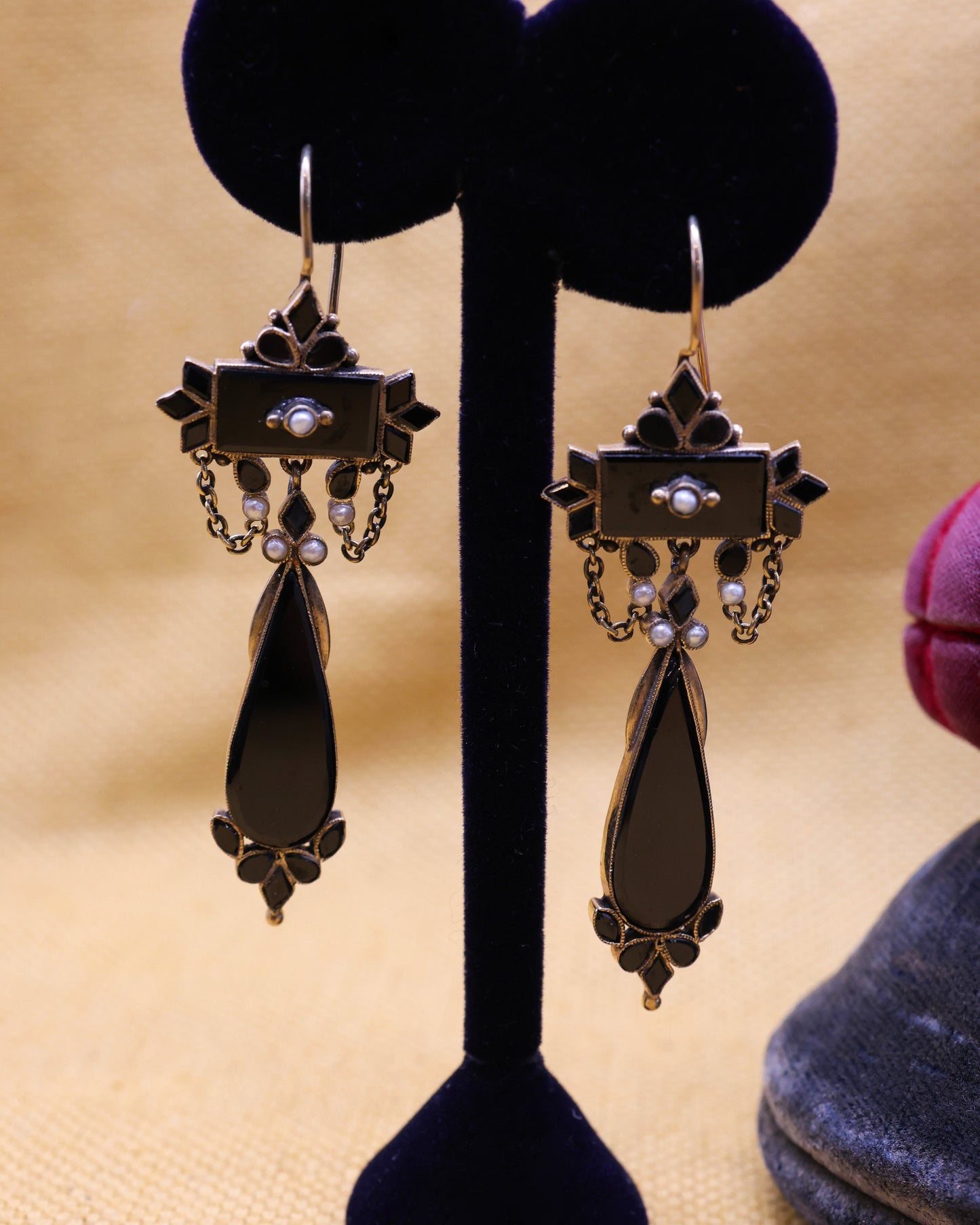 A very Fine Pair of  Victorian 9 ct. Yellow Gold (tested), Black Onyx and Seed Pearl Drop Earrings. English, Circa 1890
