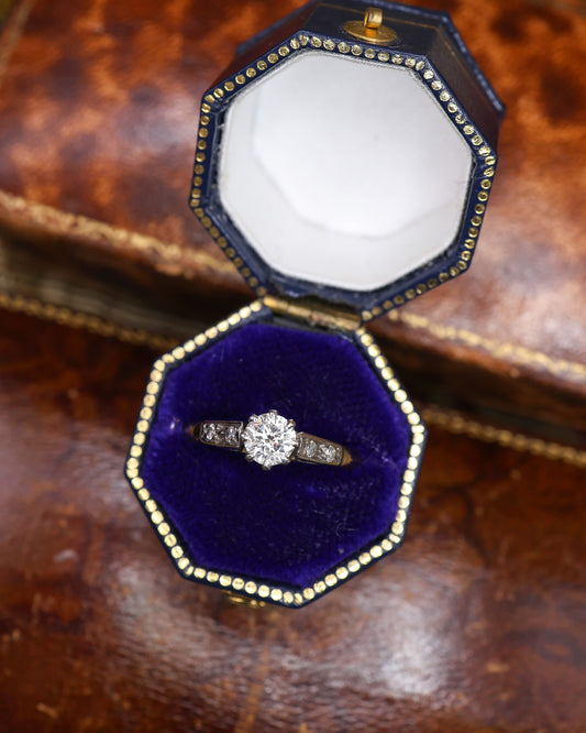 A fine 18ct Yellow Gold & Platinum, Round Brilliant Cut Solitaire Diamond Ring of approximately 0.45 Carats (un-weighed). Assessed as I Colour and SI1 Clarity. English Circa 1950 - Robin Haydock Antique Jewellery