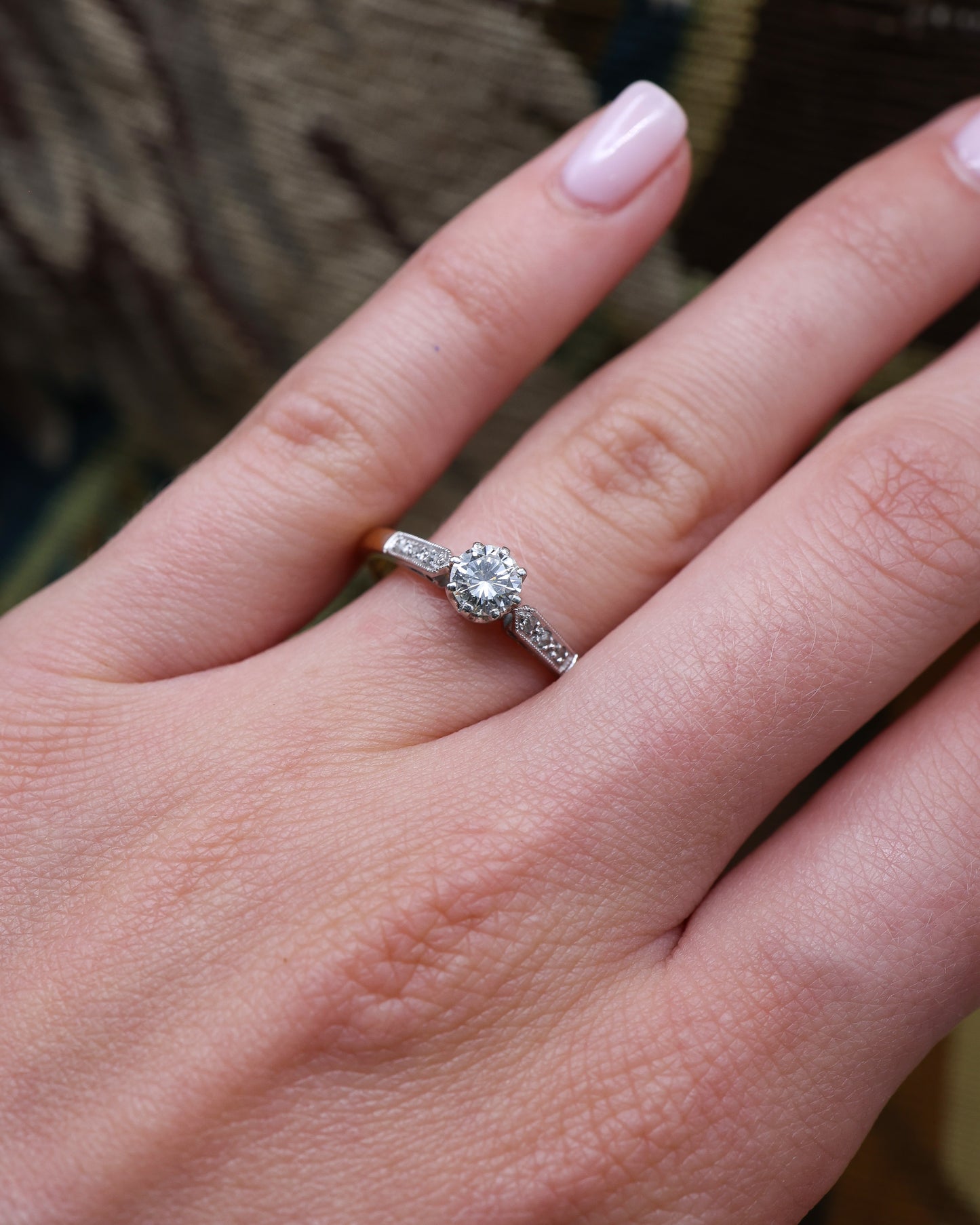 A fine 18ct Yellow Gold & Platinum Diamond Solitaire Ring with three Single Cut Diamonds to each shoulder. Circa 1950 - Robin Haydock Antique Jewellery