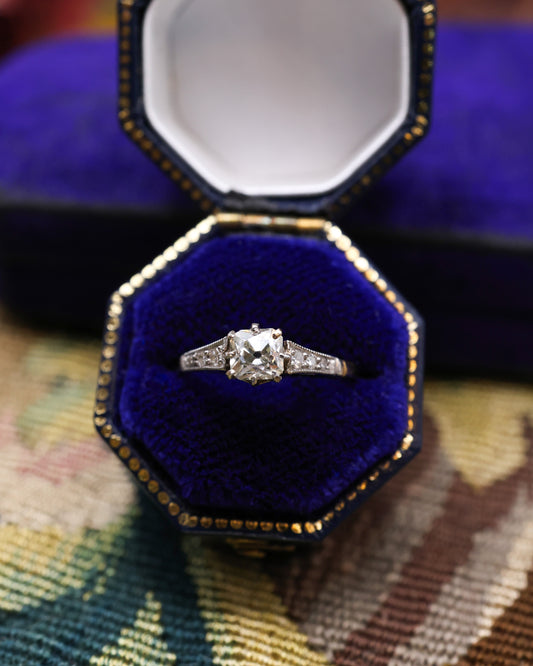 A very fine 18ct Yellow Gold & Platinum 0.50 Carat Old Cushion Cut  Diamond Solitaire Ring. Circa 1920 - Robin Haydock Antique Jewellery
