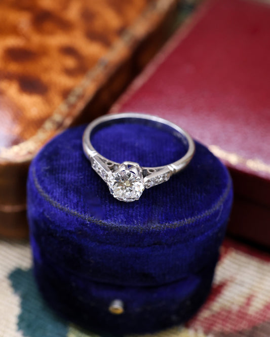 A very Fine 0.50 Carat, E Colour, VS1 Clarity Diamond Solitaire Ring, set in Platinum (stamped), with Diamond Set Shoulders. Circa  1950-1960 - Robin Haydock Antique Jewellery