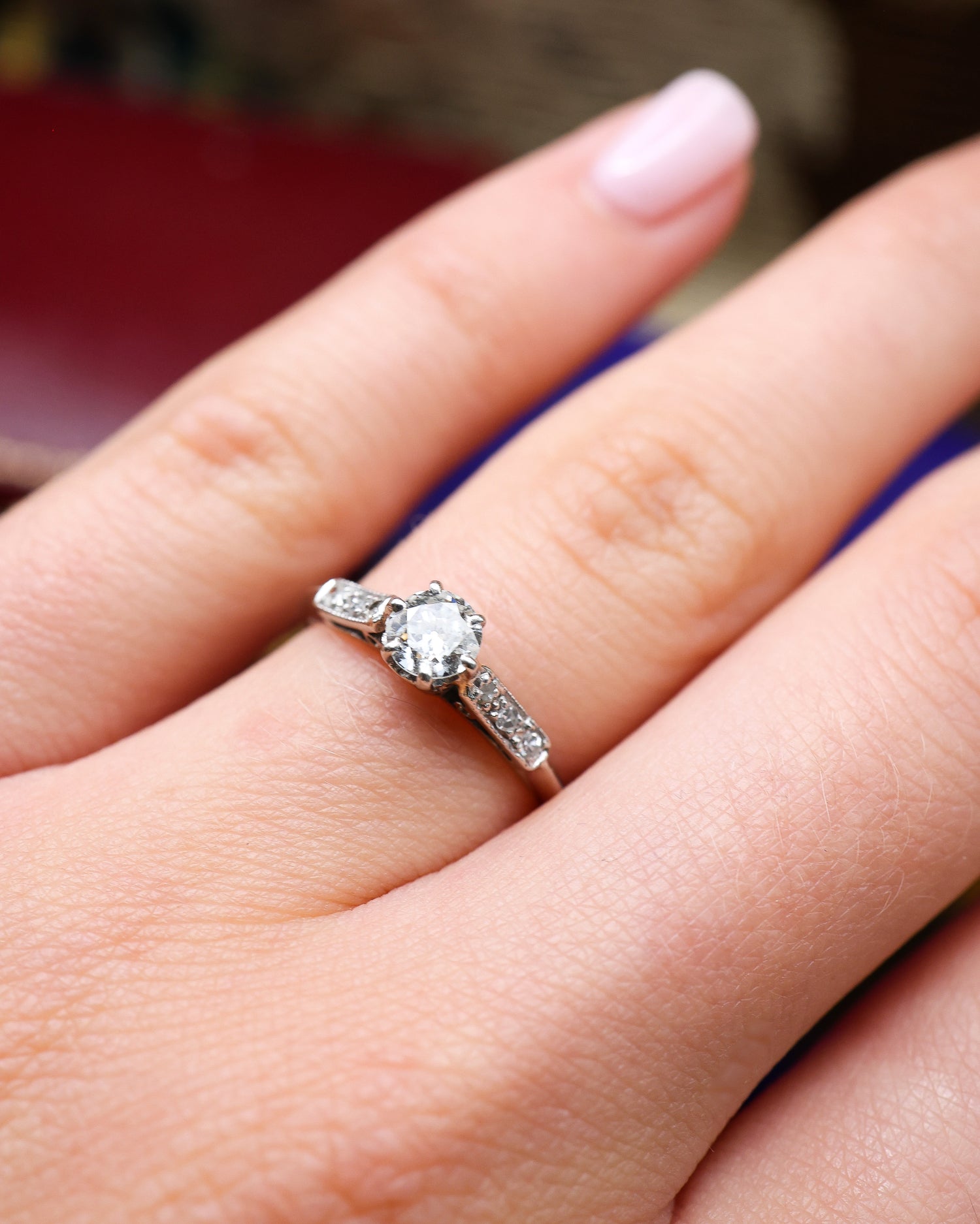 A very fine Platinum (marked) Diamond Solitaire Ring, centrally "Raised Claw Set" with one "Old Round Cut" Diamond of approximately 0.35 Carats. Circa 1925 - Robin Haydock Antique Jewellery